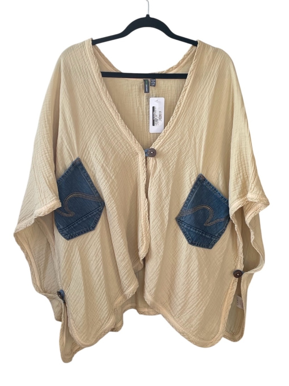 Shannon PASSERO Beige Camel Cotton Poncho Top with Denim Patch Pockets One Size